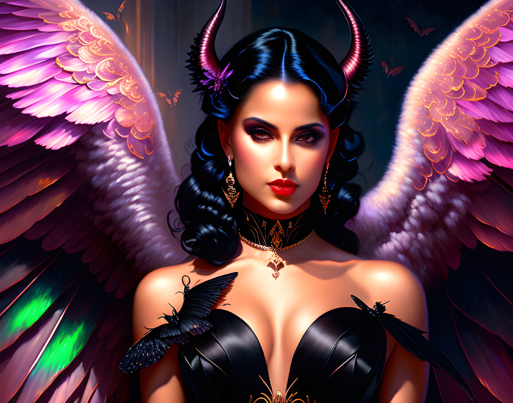 Digital artwork of a woman with horns, dark hair, colorful wings, black attire, and gold jewelry