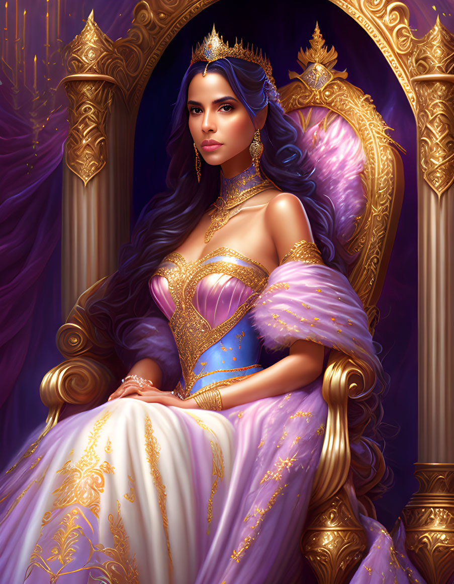 Regal woman with tiara on throne in blue and gold gown