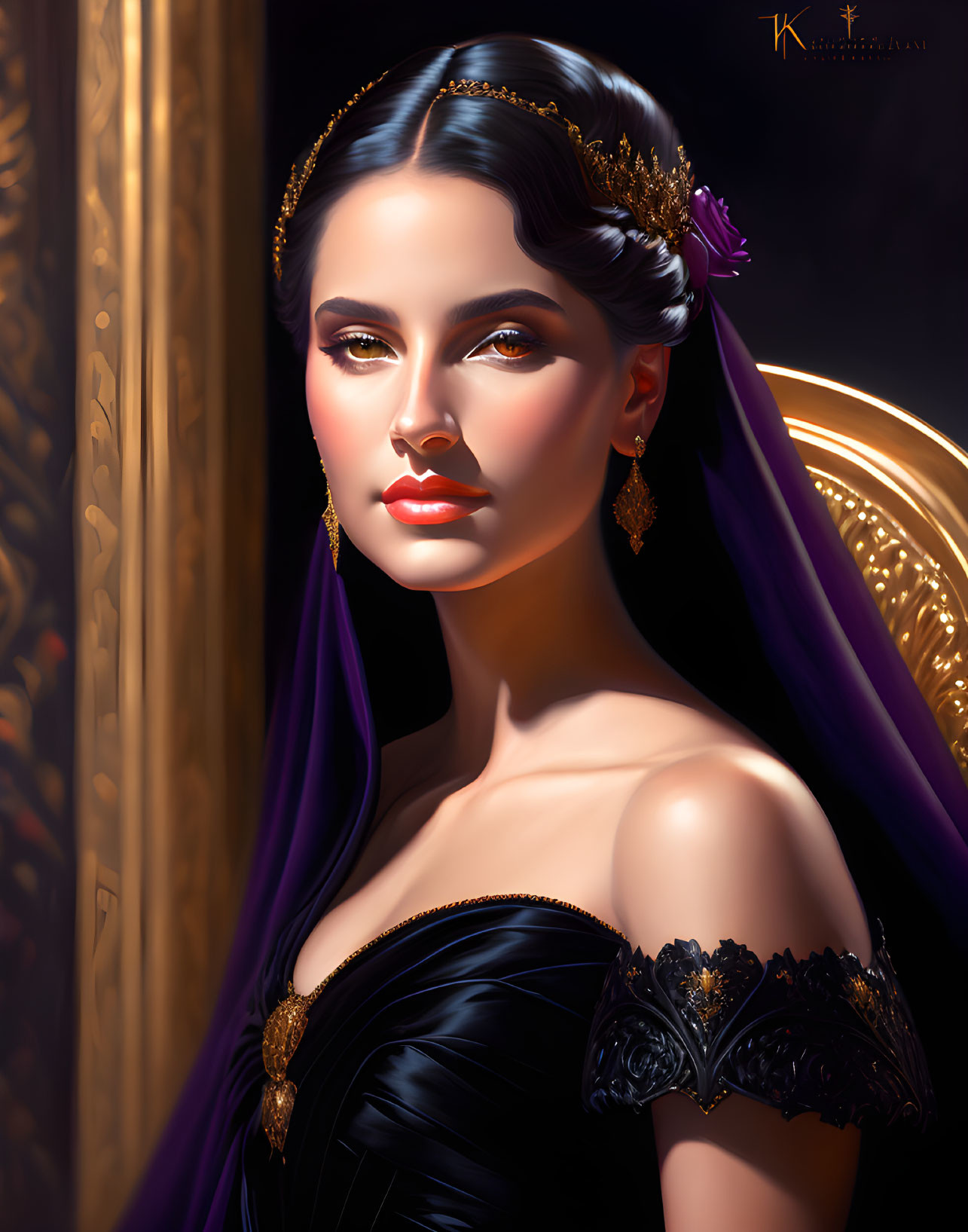 Portrait of woman with dark hair, golden hairpiece, black dress, purple drape, and golden