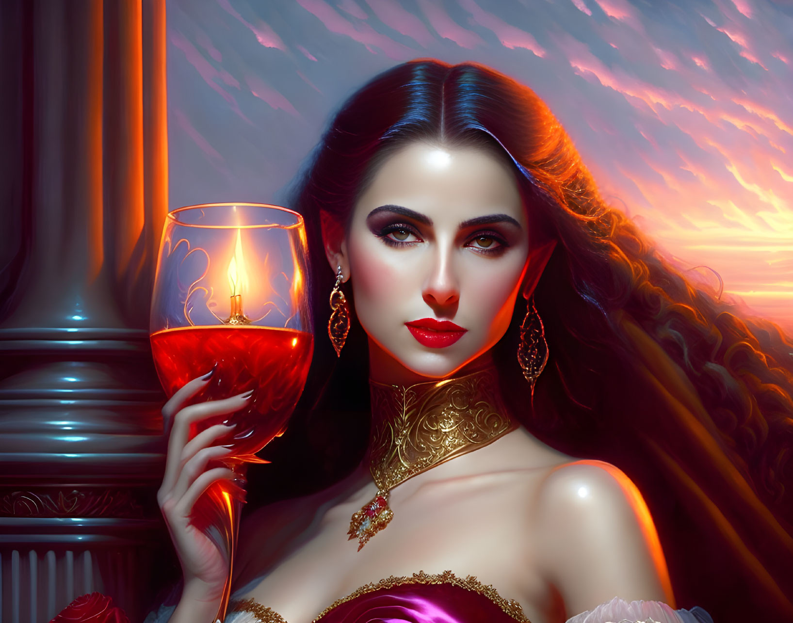 Dark-haired woman with red wine glass and gold jewelry against sunset sky and columns