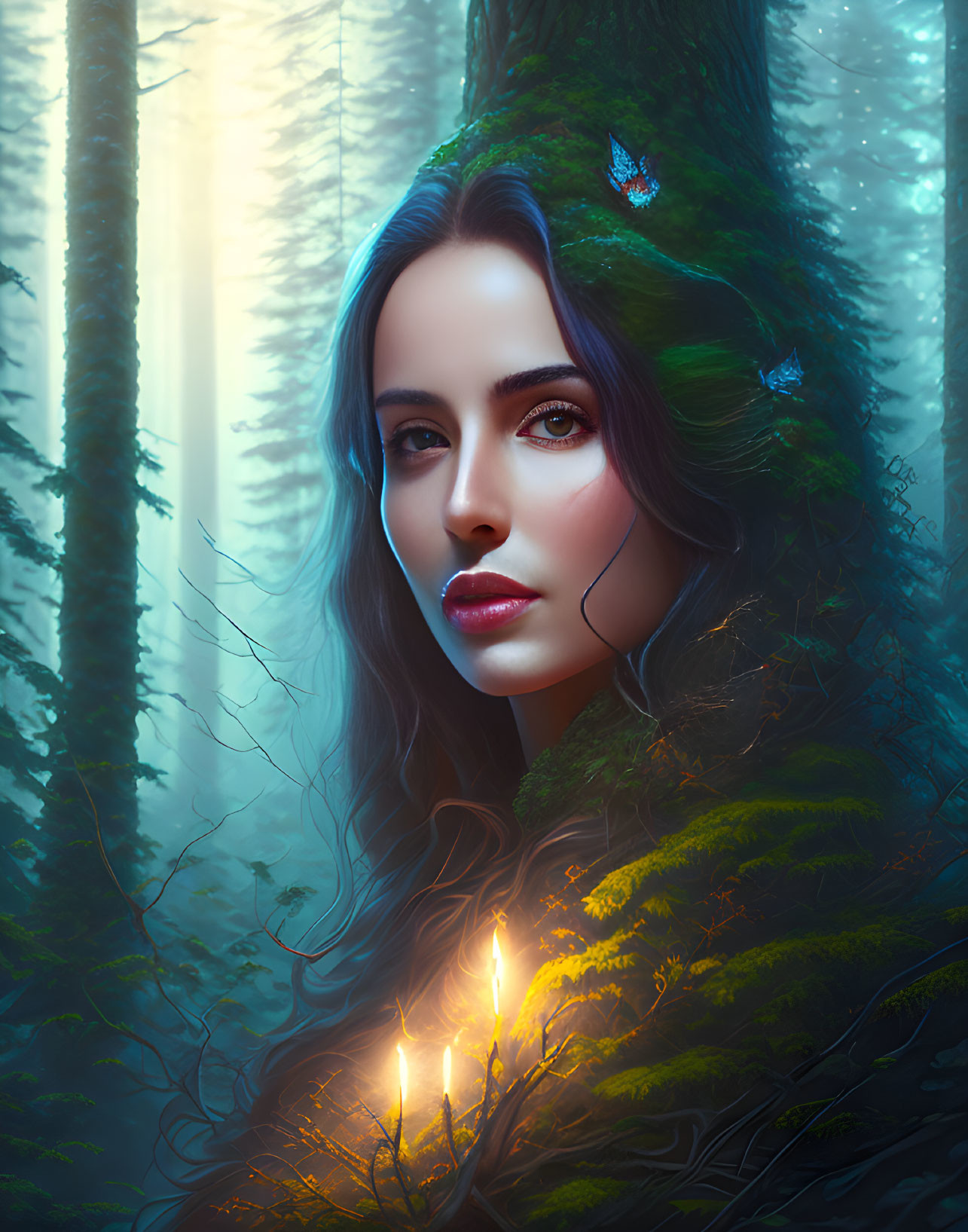 Woman with captivating eyes in vibrant forest with butterflies and candle.