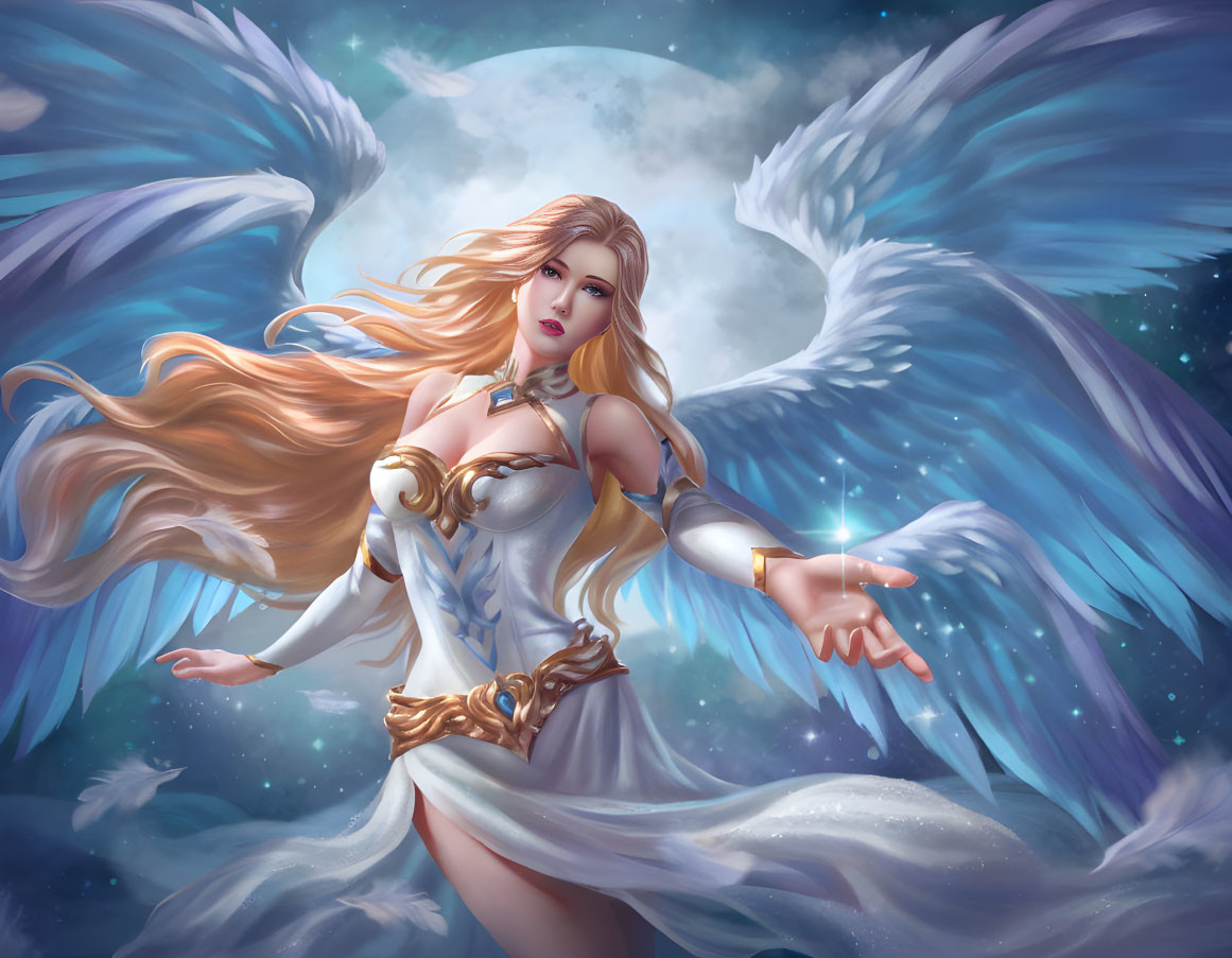 Elegant angel with white wings and golden attire in dramatic sky