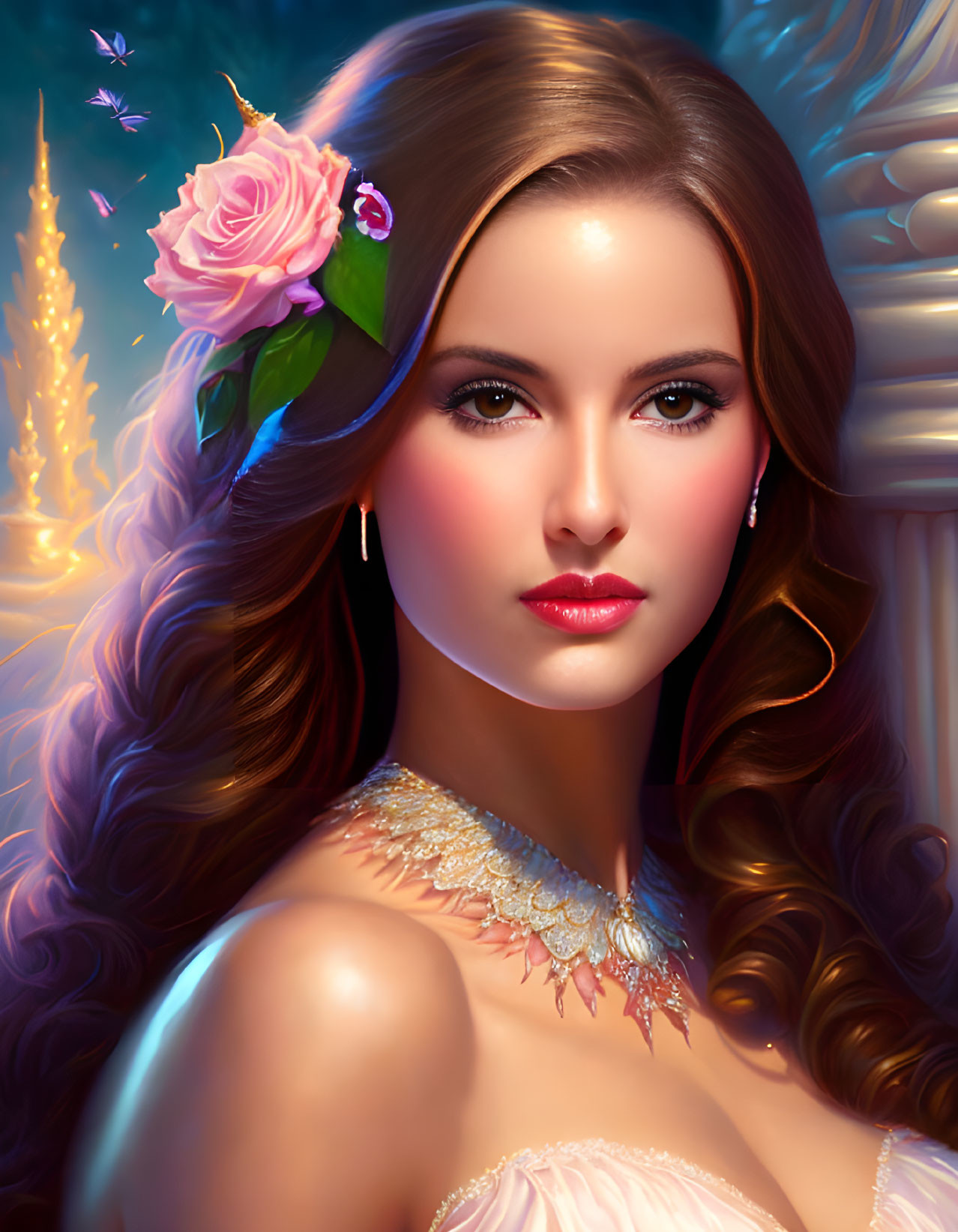 Digital art portrait of woman with long wavy hair, rose, pink dress, necklace against magical backdrop