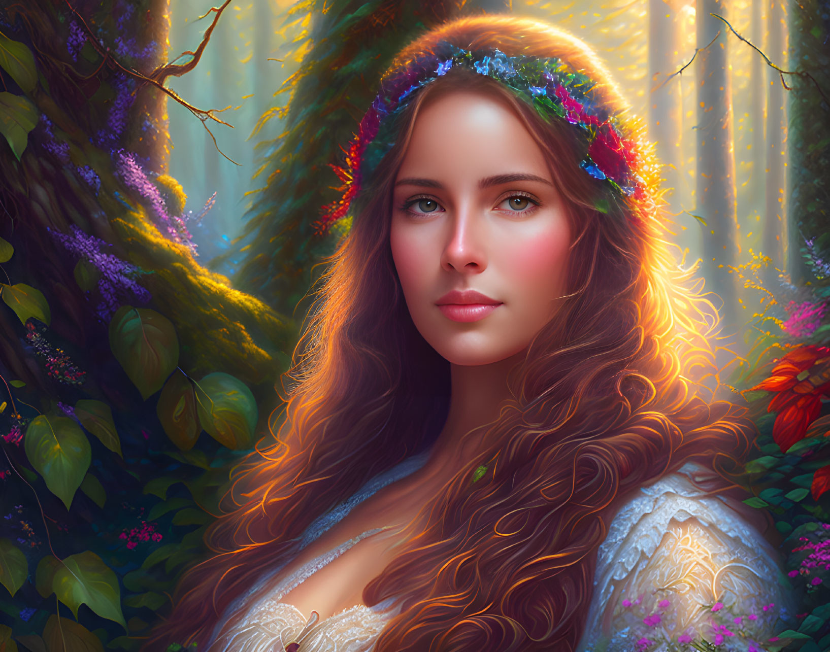 Digital portrait of young woman with brown hair and floral crown in vibrant forest.