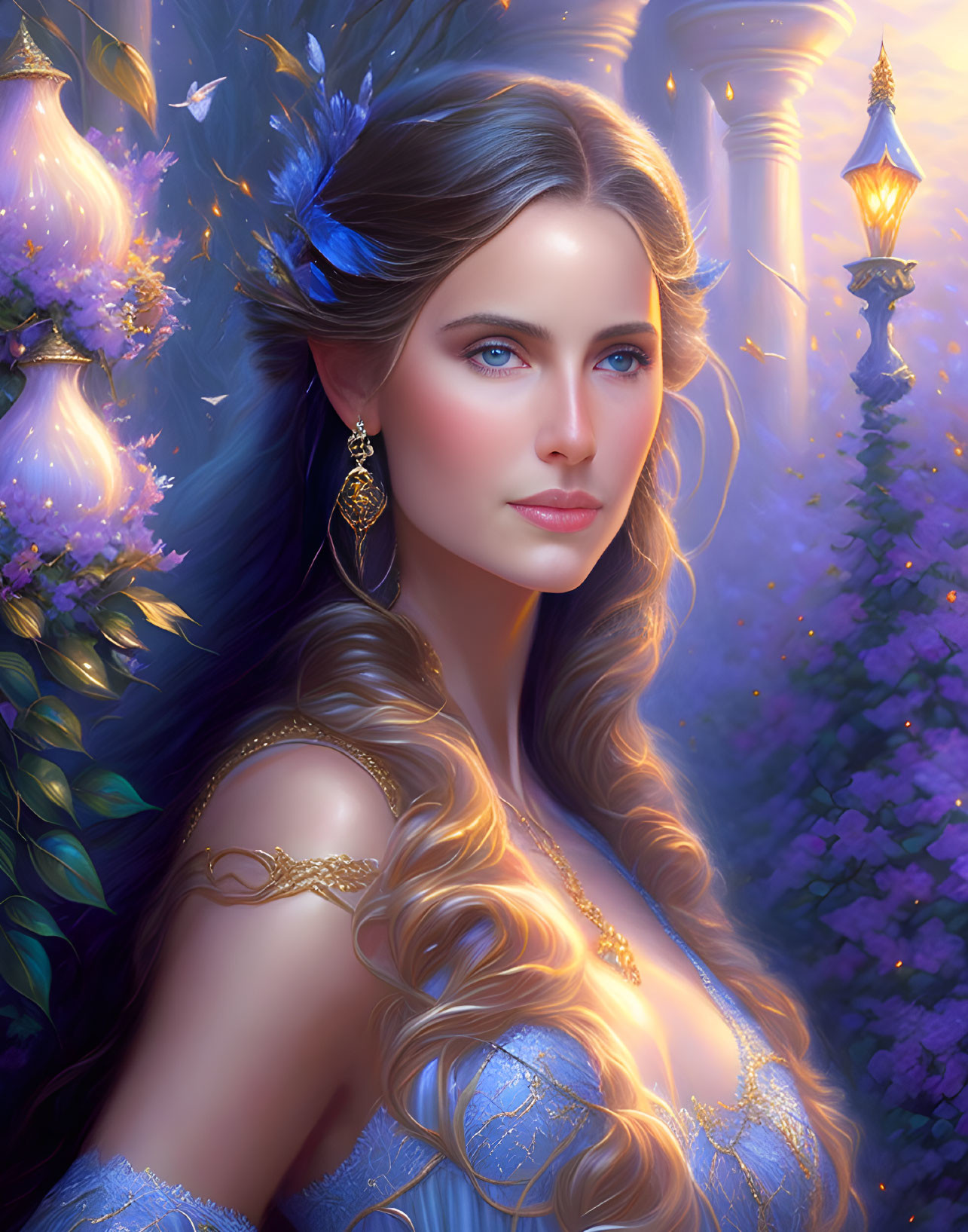 Digital artwork of a woman with golden hair, blue eyes, gold jewelry, surrounded by ethereal blue