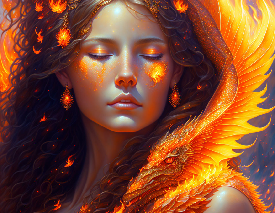 Woman surrounded by fiery elements in fantasy fire theme