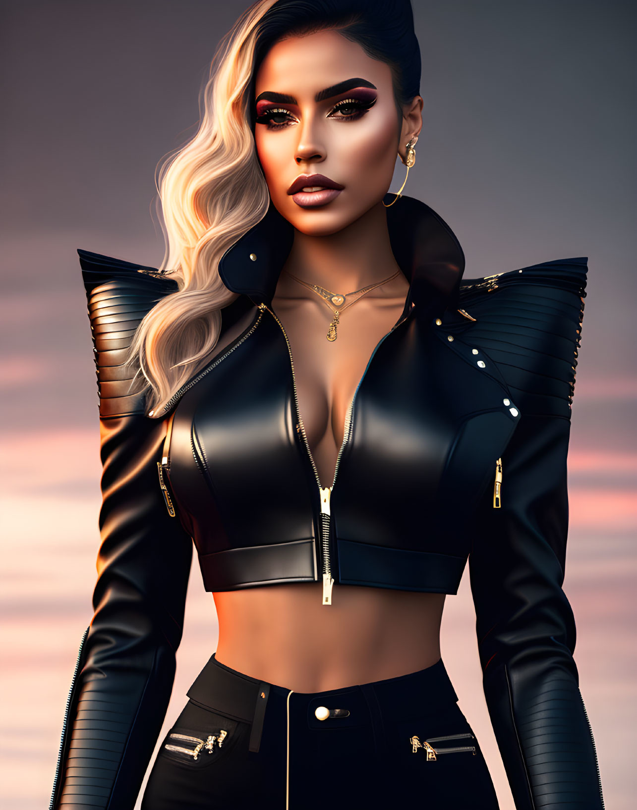 Stylized digital portrait of woman with striking makeup and black leather outfit.