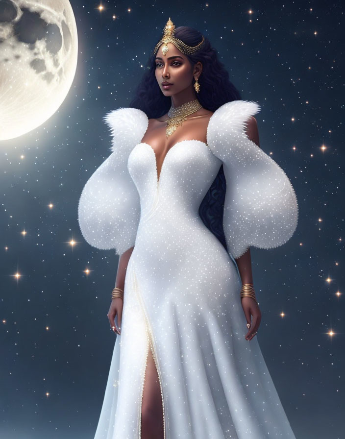 Dark-haired woman in white starry gown with moon backdrop