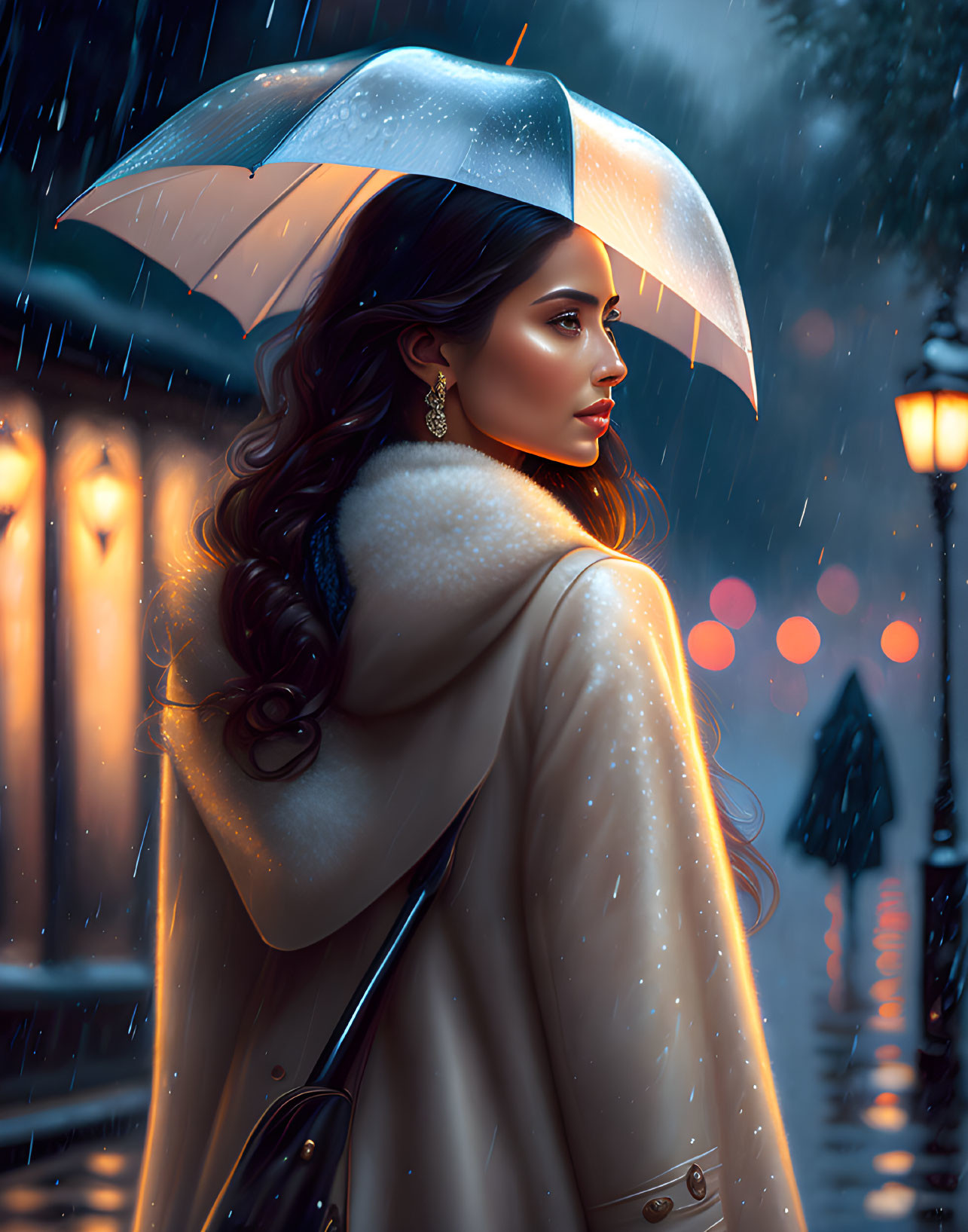 Woman with Long Hair Holding Transparent Umbrella in Rainy Evening