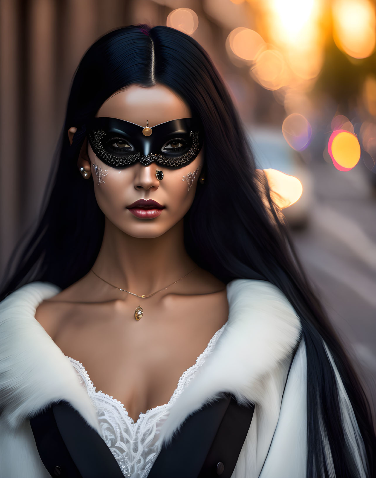 Long-haired woman in black mask, white fur coat, lace top, city lights backdrop