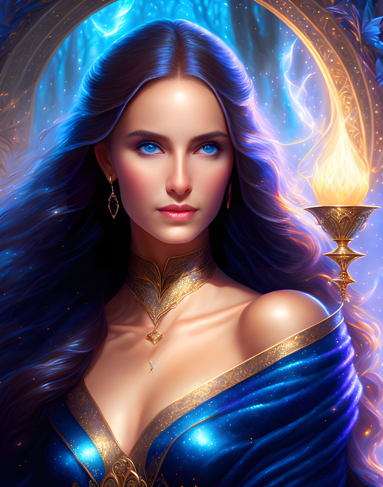 Digital artwork features woman with blue hair, golden jewelry, holding candle.