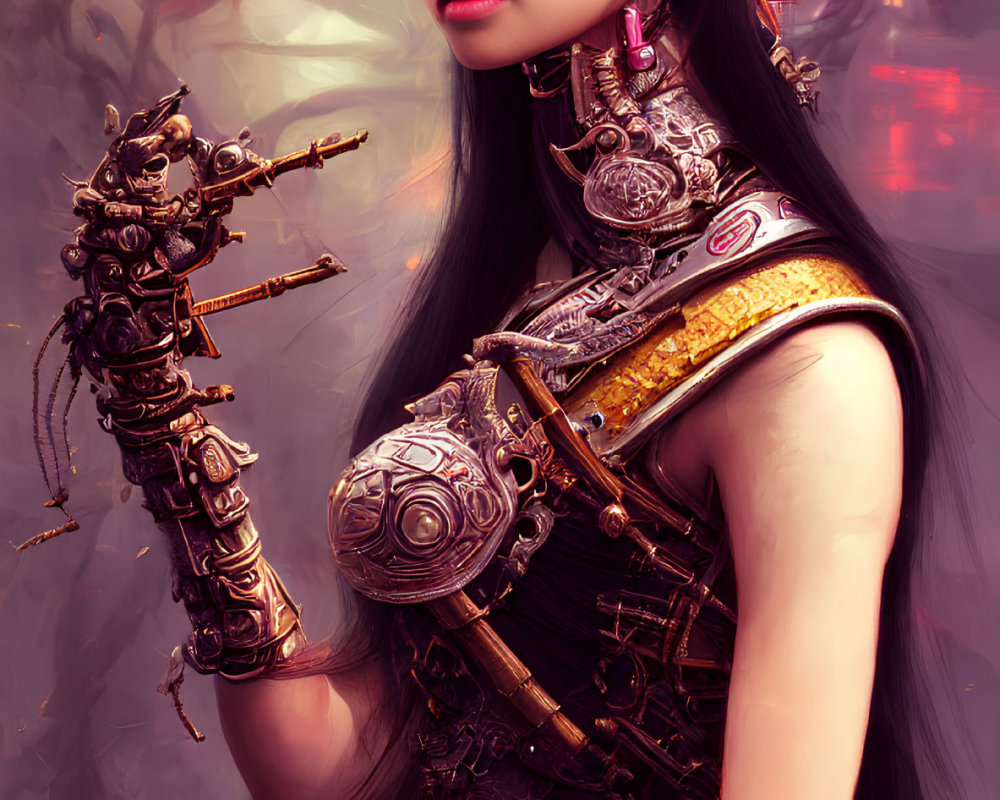 Futuristic warrior woman with cybernetic arm enhancements in traditional attire against misty backdrop