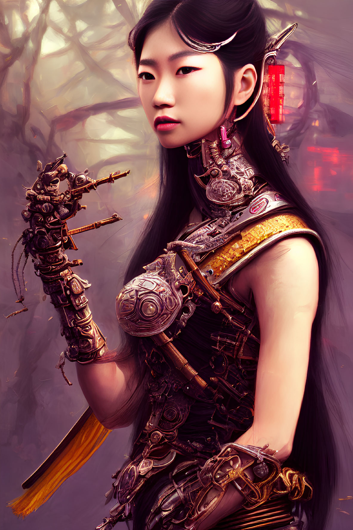 Futuristic warrior woman with cybernetic arm enhancements in traditional attire against misty backdrop