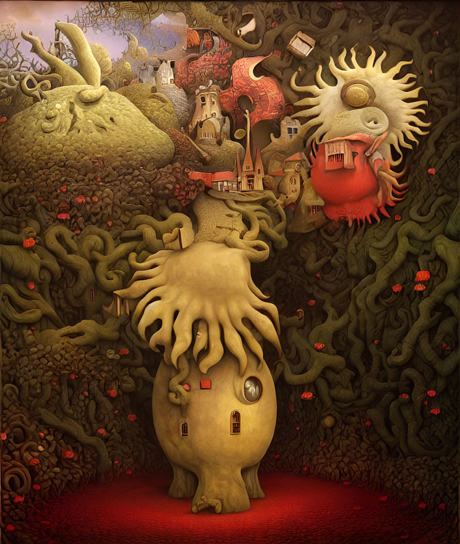 Fantastical surreal artwork with tree-like figure, sun with face, and whimsical details