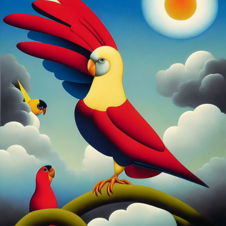 Colorful Parrots Illustration with Oversized Surreal Bird in Cloudy Sunlit Scene