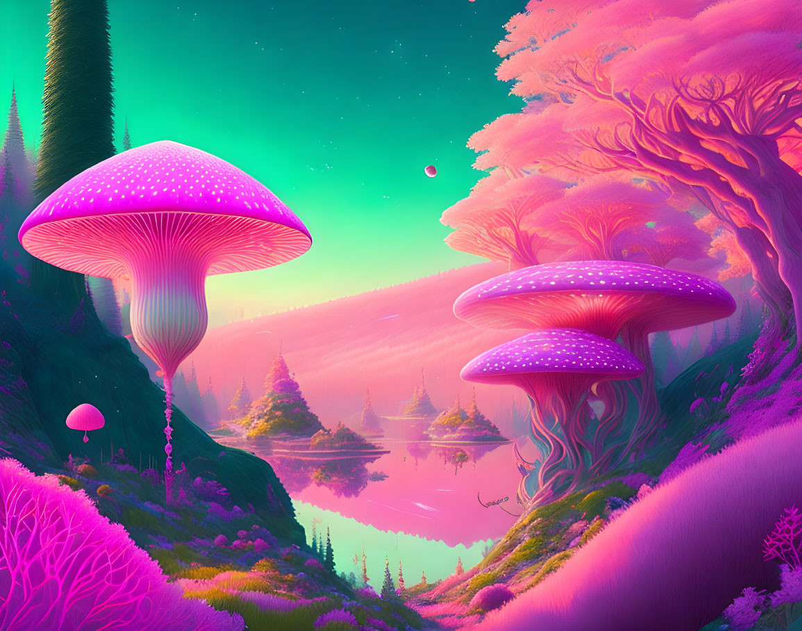 Fantasy landscape: oversized pink mushrooms, pink & purple forest, serene waters, twilight sky