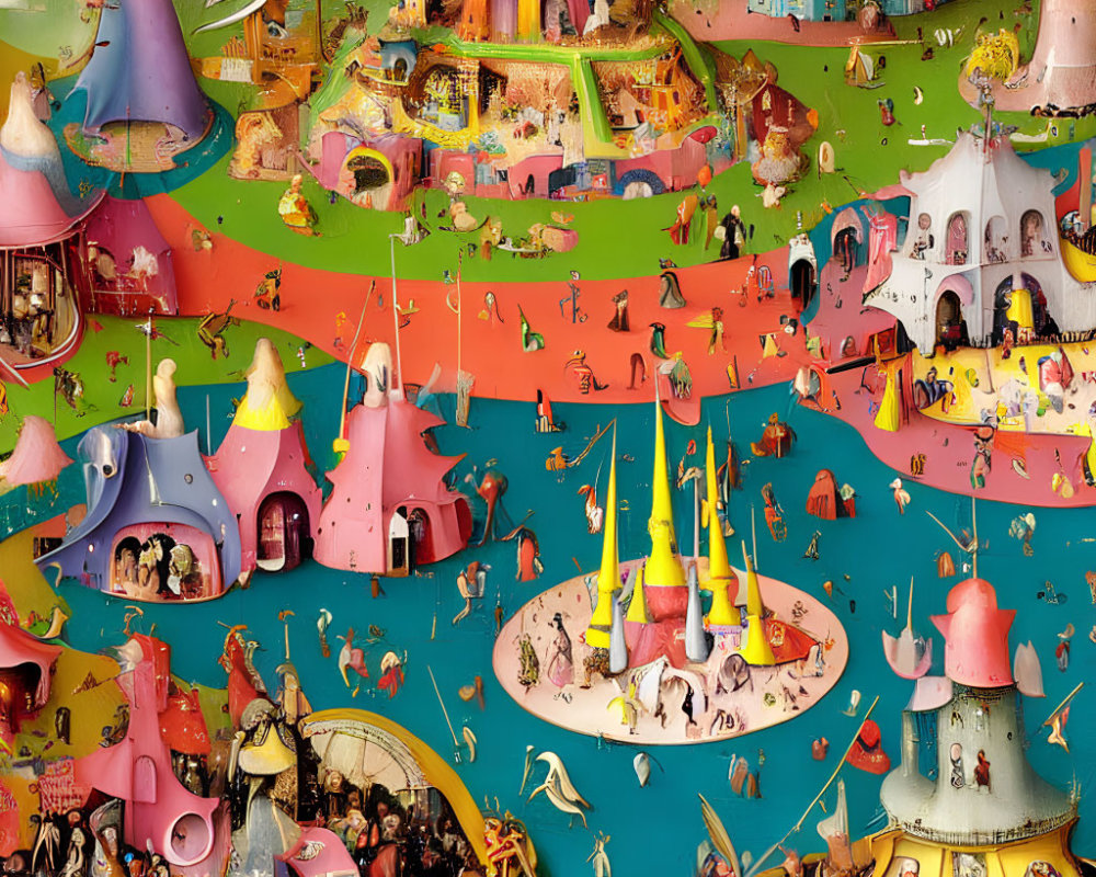 Vibrant illustration of whimsical structures and small figures in various activities