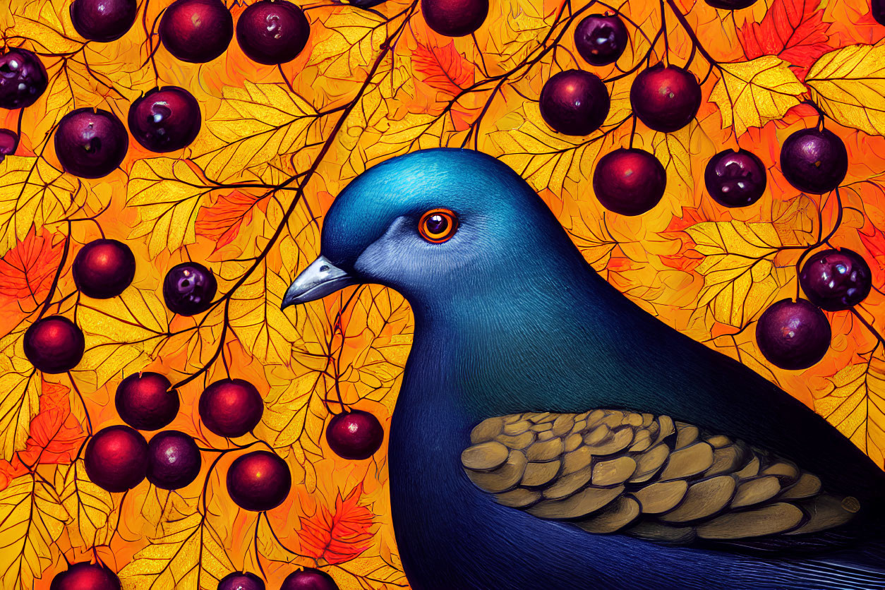 Detailed blue pigeon on orange autumn leaves and red berries