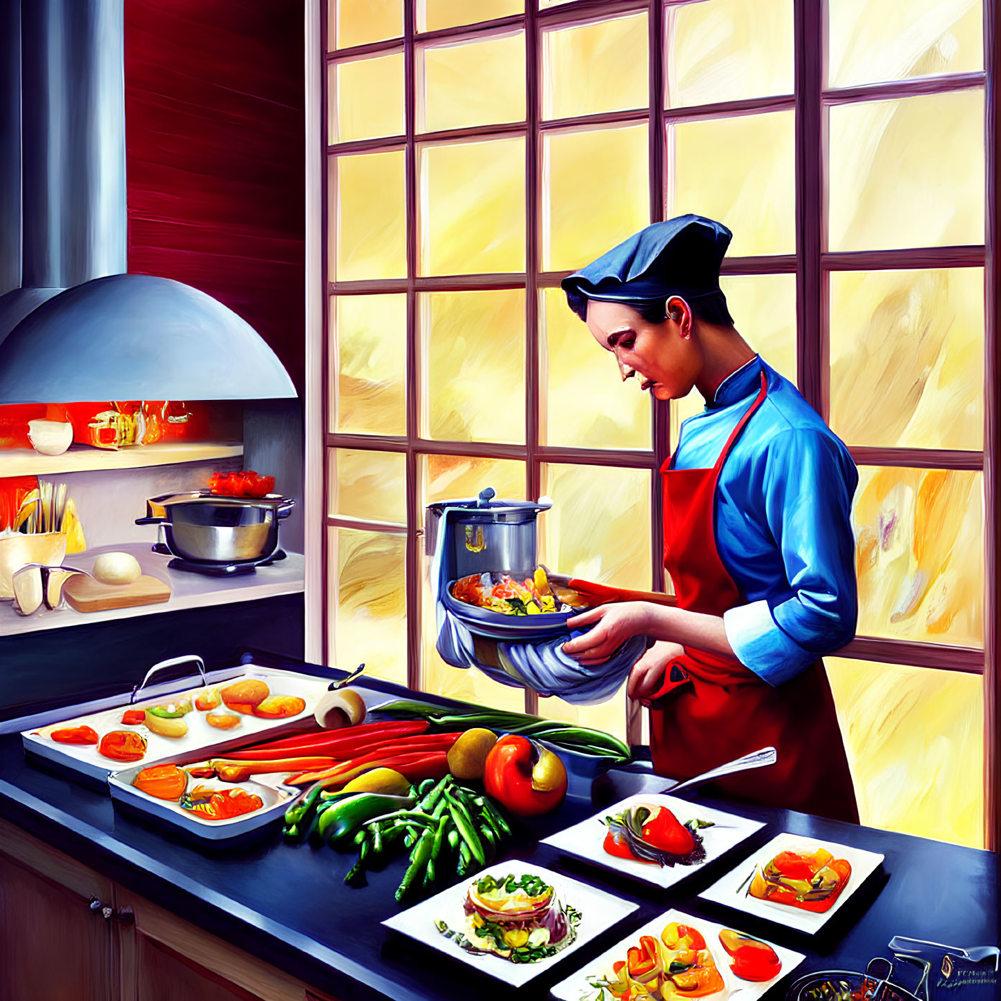 Colorful Chef Cooking Various Dishes in Kitchen