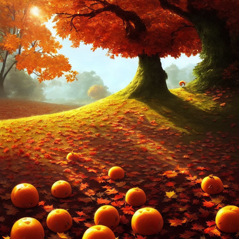 Vibrant autumn scene with orange leaves, fallen carpet, and oversized oranges