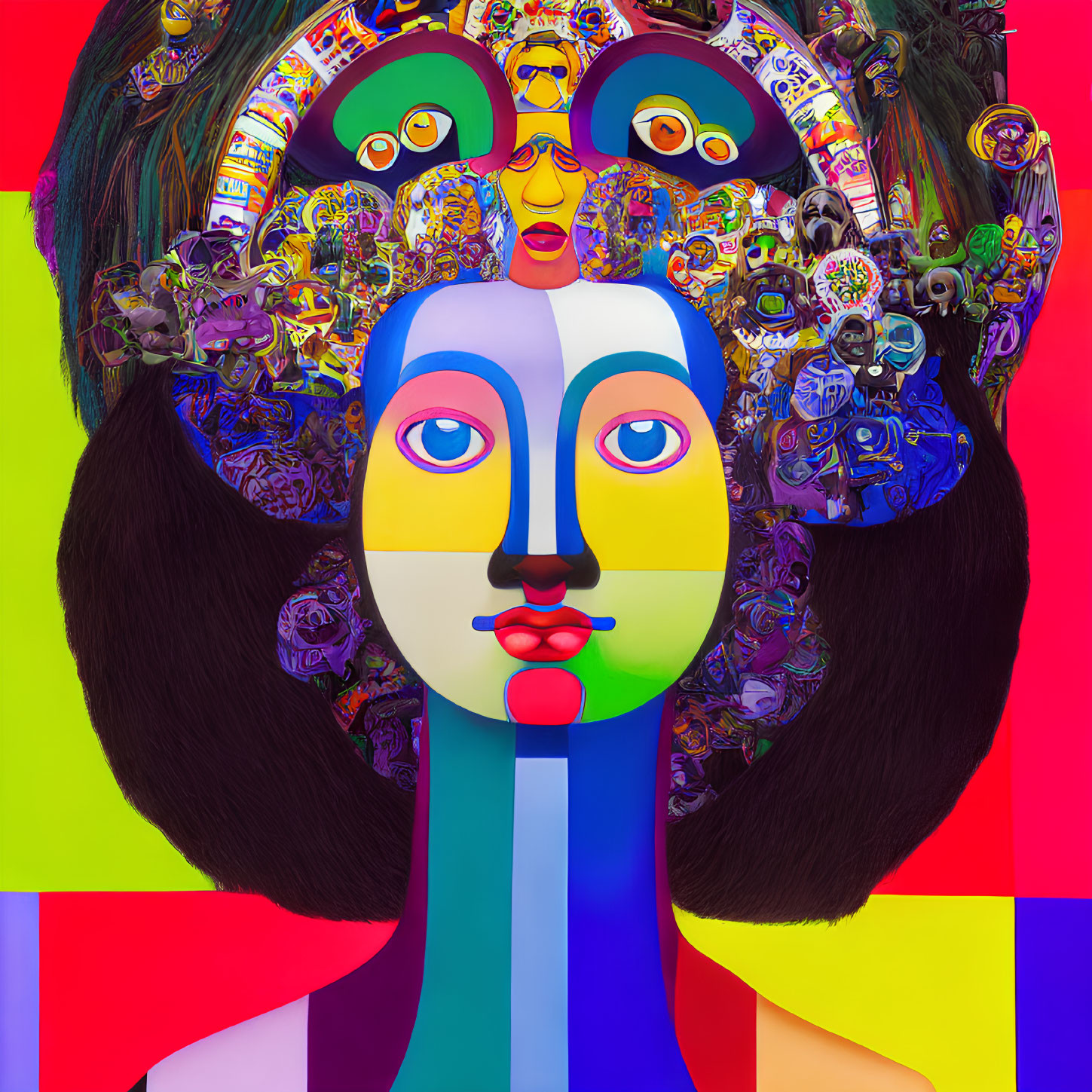 Vibrant abstract digital portrait with symmetrical design and collage of figures in hair