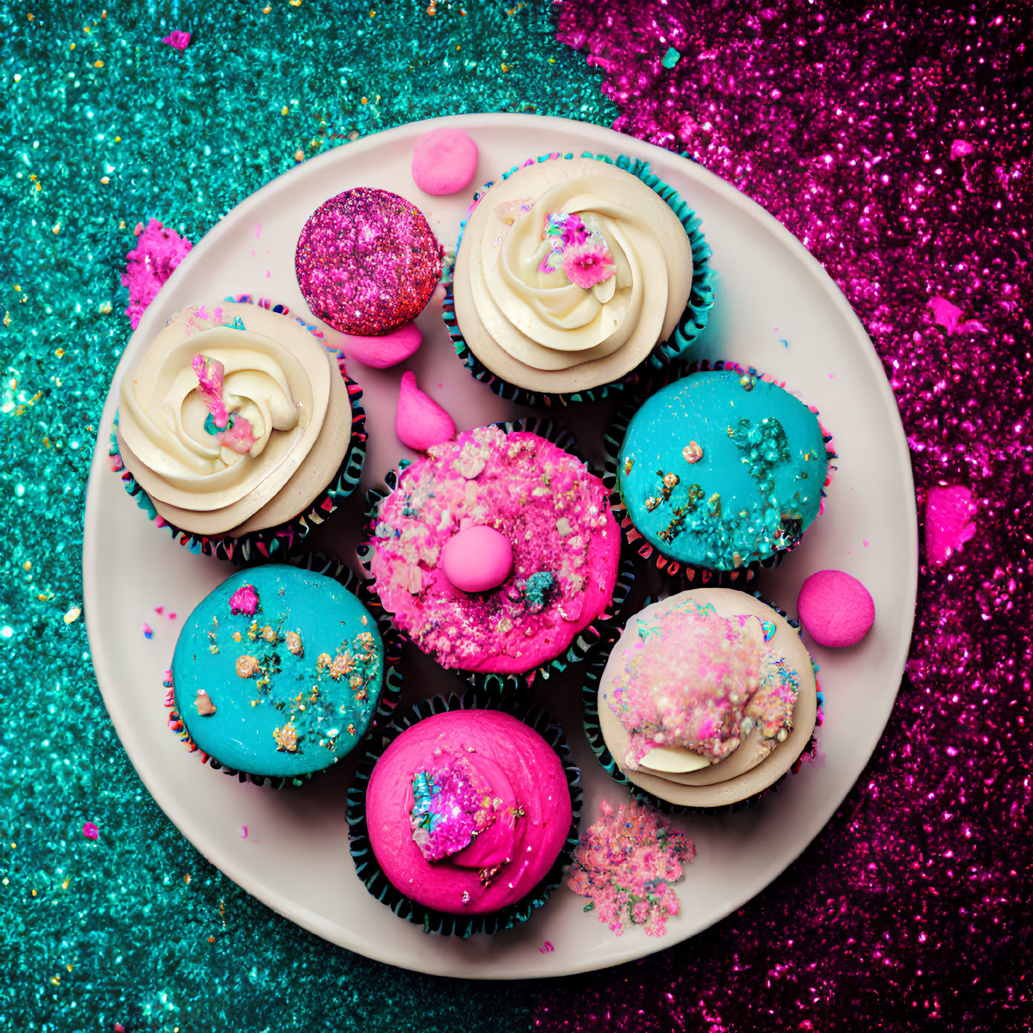 Vibrant Cupcakes with Assorted Toppings and Glitter Surroundings