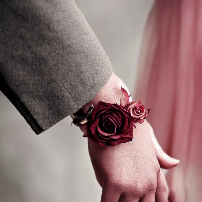 Detailed close-up of floral bracelet with red roses on person's wrist