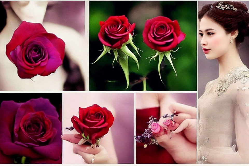 Vibrant red roses and woman in elegant dress with floral accessories