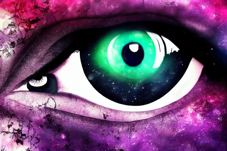 Detailed eye digital artwork with cosmic background in pink and purple hues