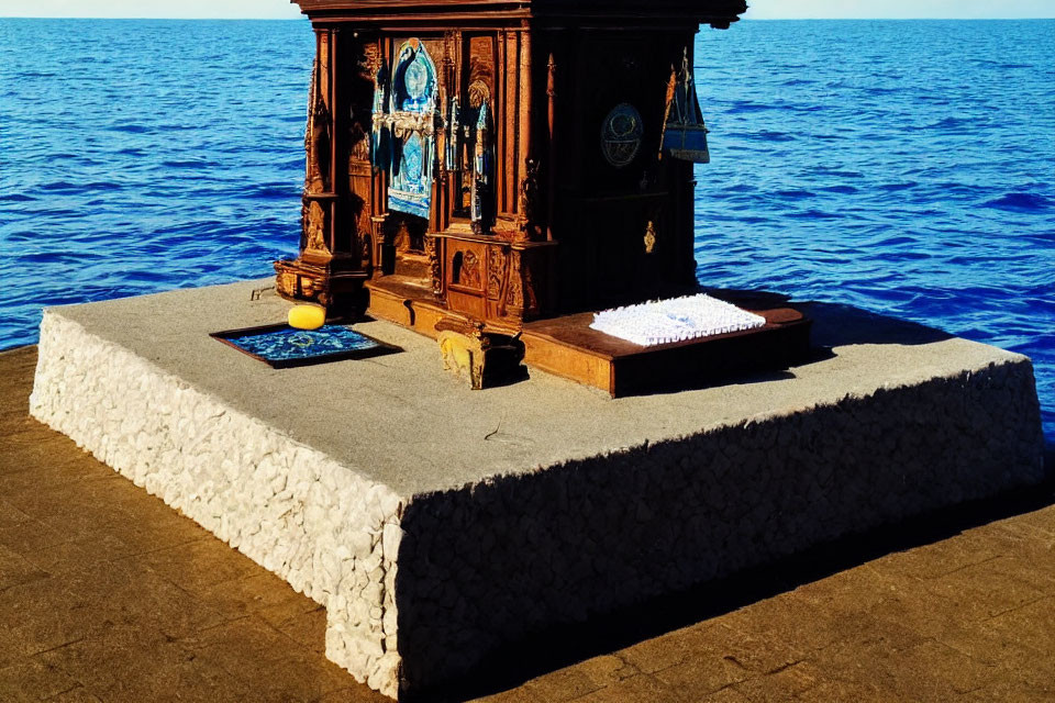 Wooden cupboard on concrete platform by the sea with rug, ball, and plank