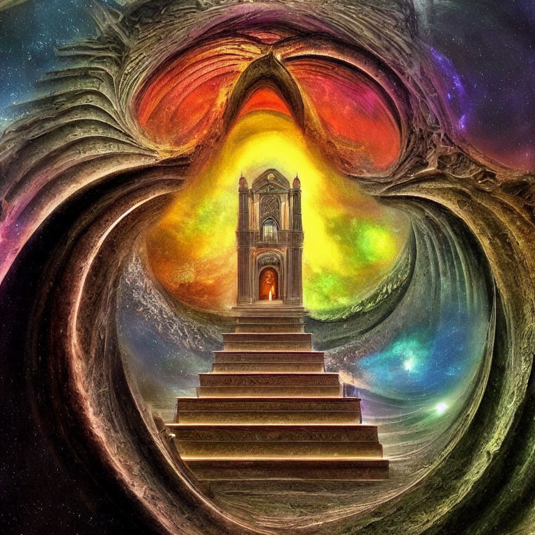 Vibrant cosmic spiral with central staircase and classical structure