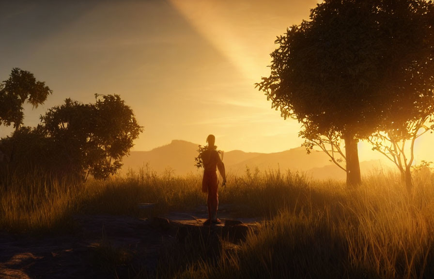 Solitary figure in tall grass at sunset with silhouetted trees