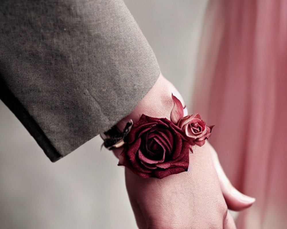 Detailed close-up of floral bracelet with red roses on person's wrist