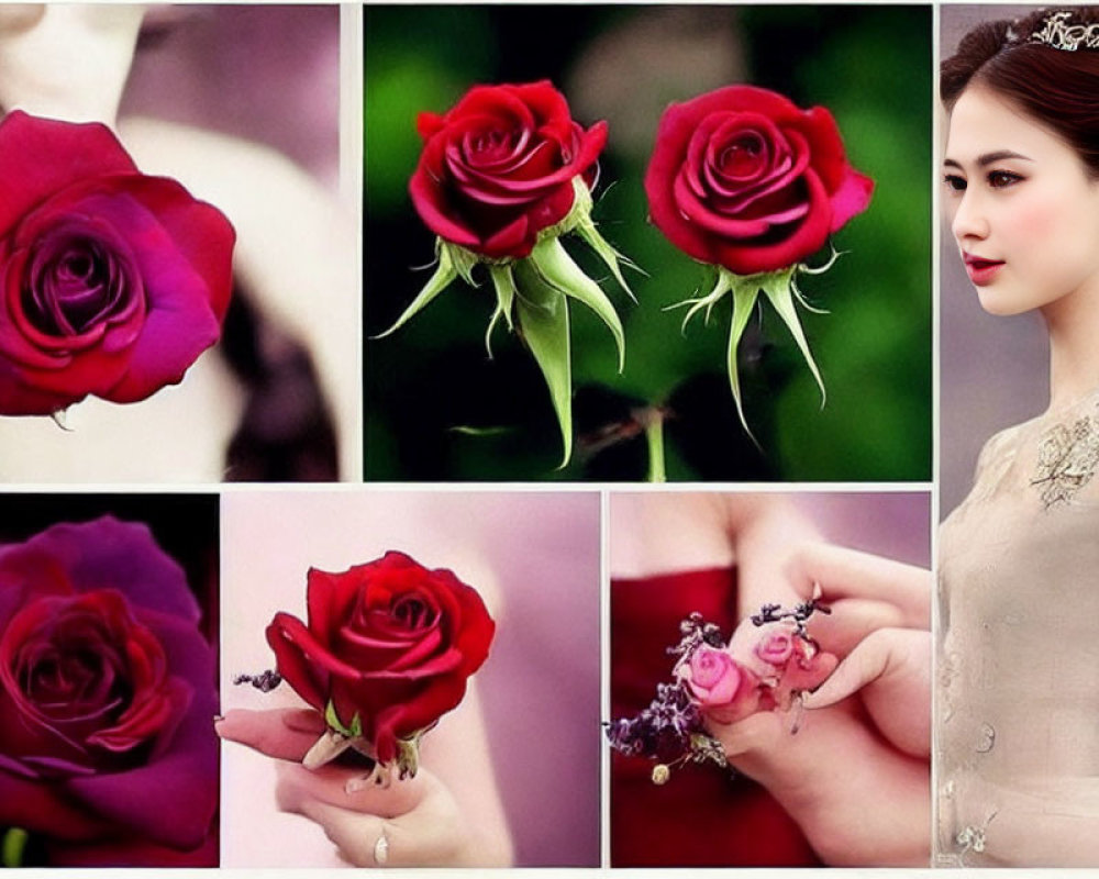 Vibrant red roses and woman in elegant dress with floral accessories