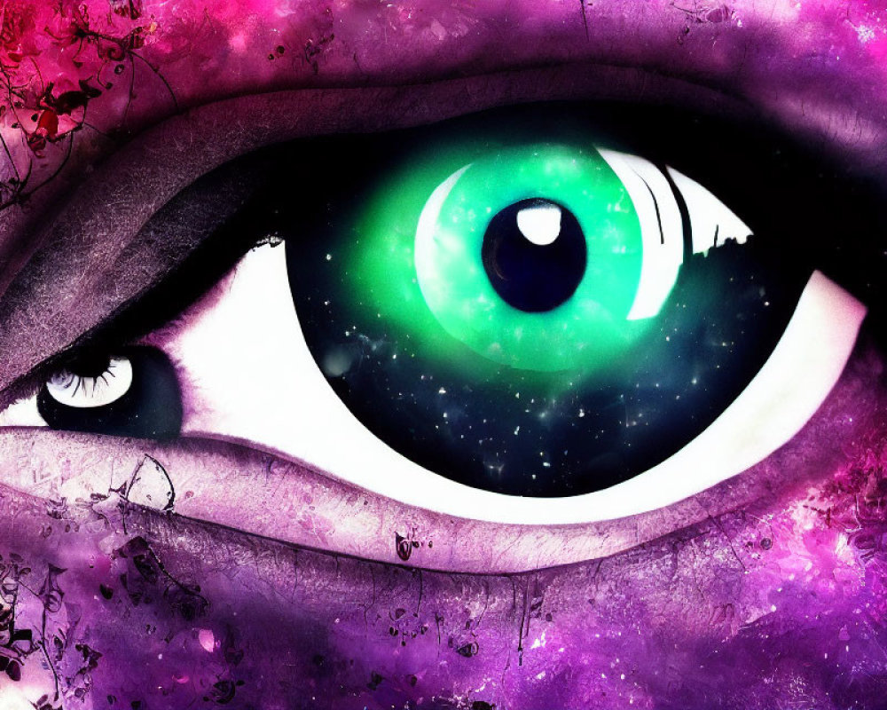 Detailed eye digital artwork with cosmic background in pink and purple hues