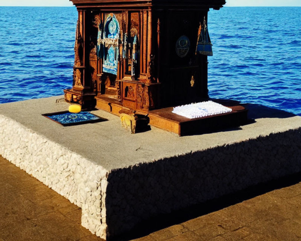 Wooden cupboard on concrete platform by the sea with rug, ball, and plank