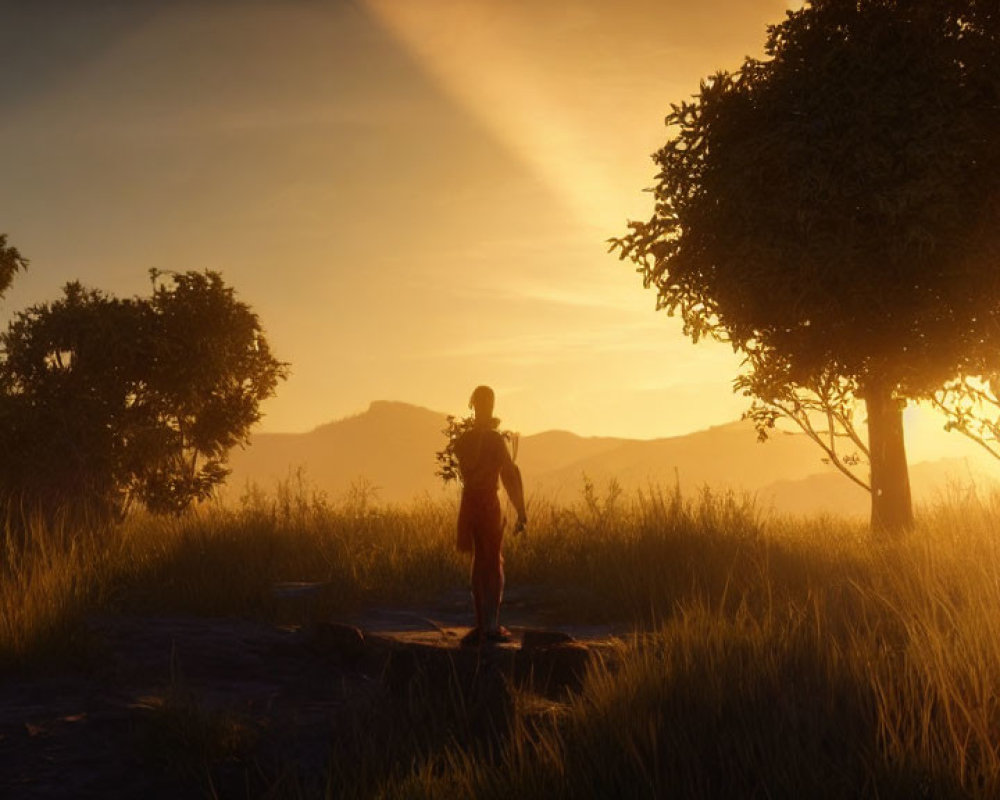 Solitary figure in tall grass at sunset with silhouetted trees