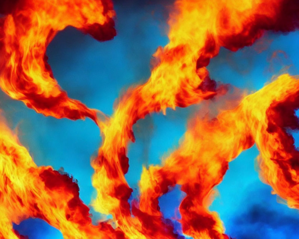 Vivid orange and blue flames intertwine in energetic dance