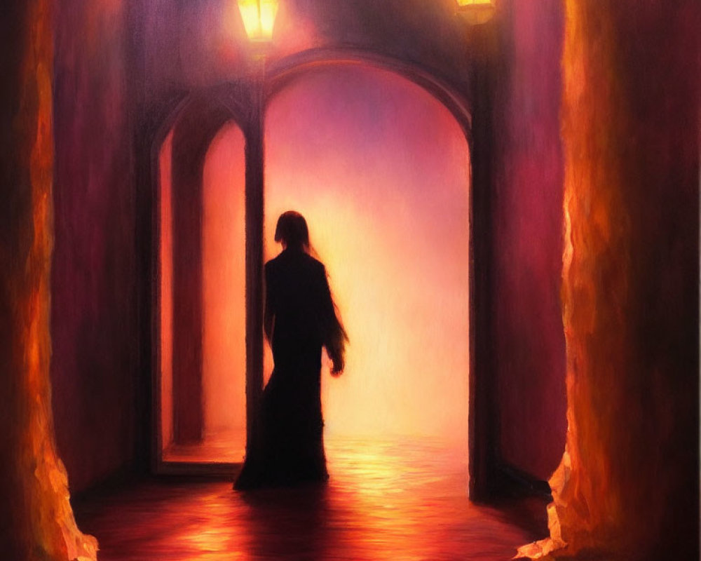 Solitary figure in lamp-lit hallway with arches and warm glow