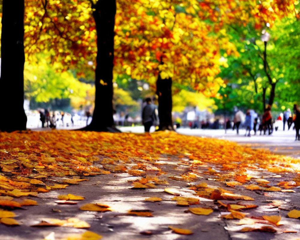 Park pathway with fallen yellow leaves and blurred people, autumn trees in fall colors