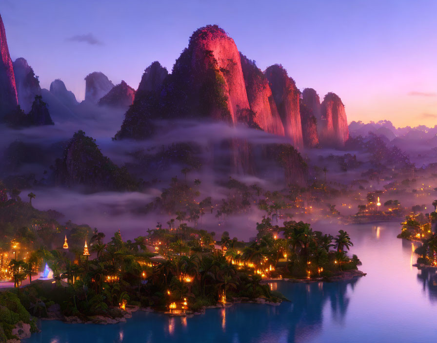 Serene tropical paradise at dusk with mist, waterfalls, mountains, palm trees, and village lights