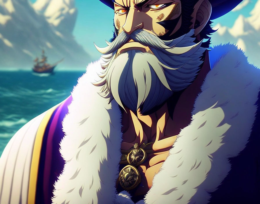 Grand white-bearded animated character in blue and gold admiral coat by the sea.