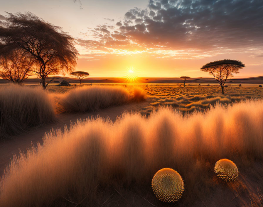 Savannah landscape at golden sunset with Acacia trees and round plants