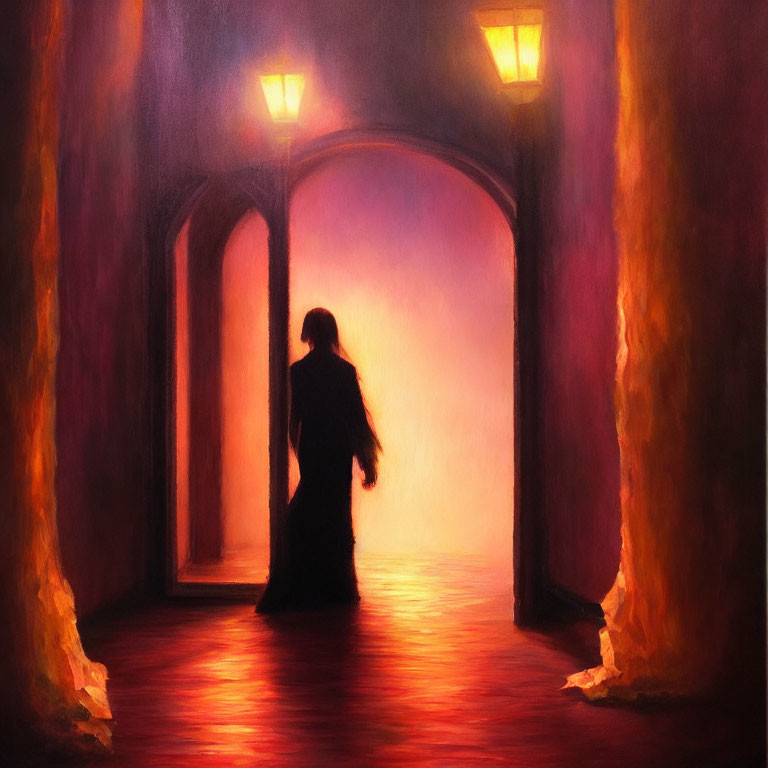 Solitary figure in lamp-lit hallway with arches and warm glow