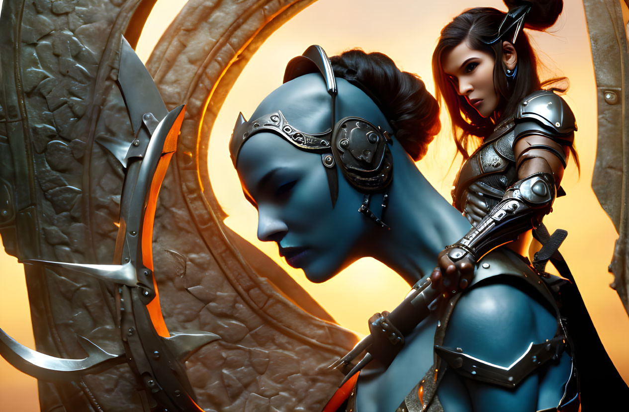 Blue-skinned female warrior in futuristic armor beside a dark-haired human woman in similar attire against ornate