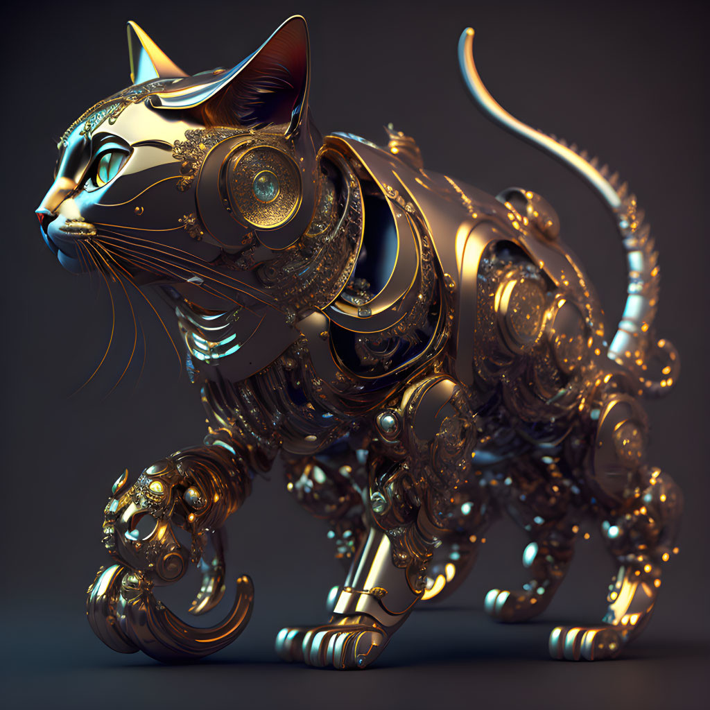 Intricate 3D-rendered mechanical cat with gold and bronze gears