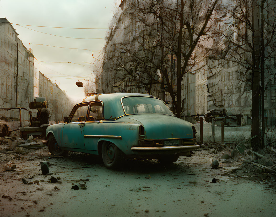 Abandoned blue car with rust on desolate street scene