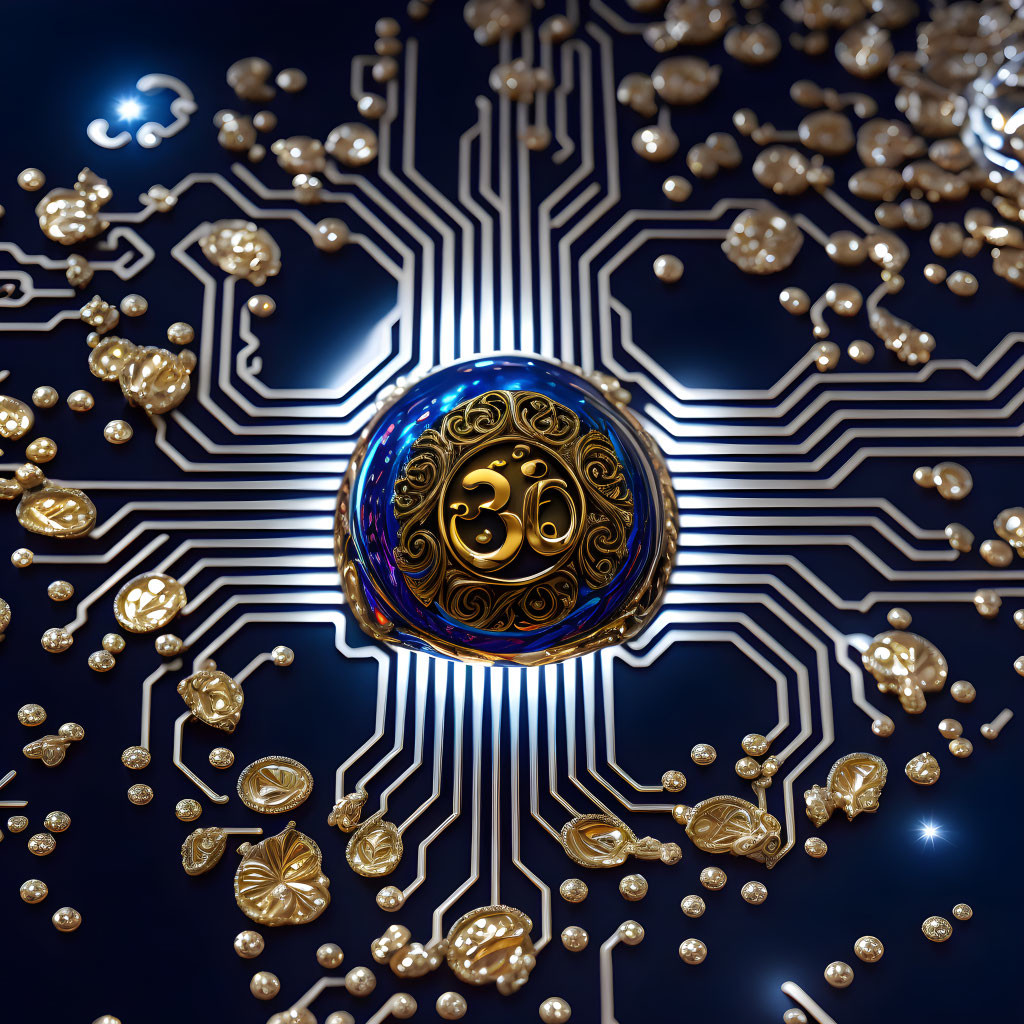 Golden Om Symbol in Glowing Sphere on Circuit Background