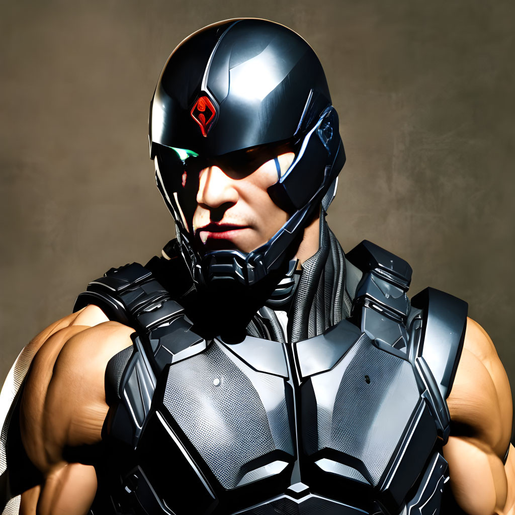 Futuristic person in black helmet and body armor with red emblem on forehead