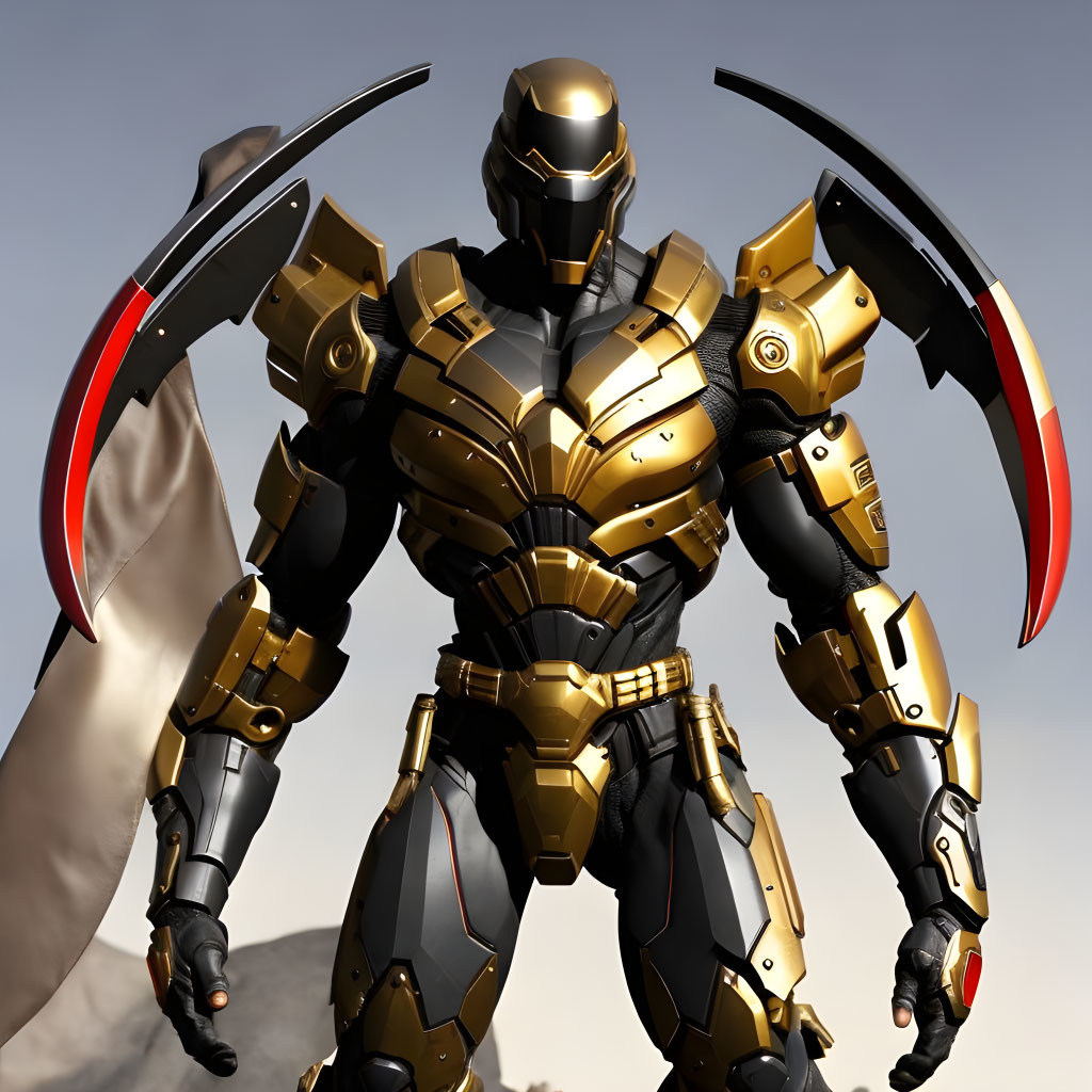 Detailed robot with black and gold exoskeleton, red blade accents, in barren landscape.